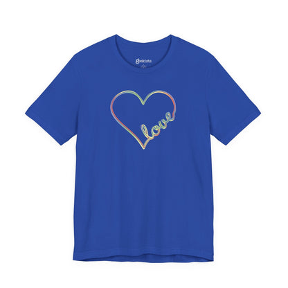 Unisex pastel heart t-shirt with rainbow love script in soft jersey fit, minimalist pride design | variant