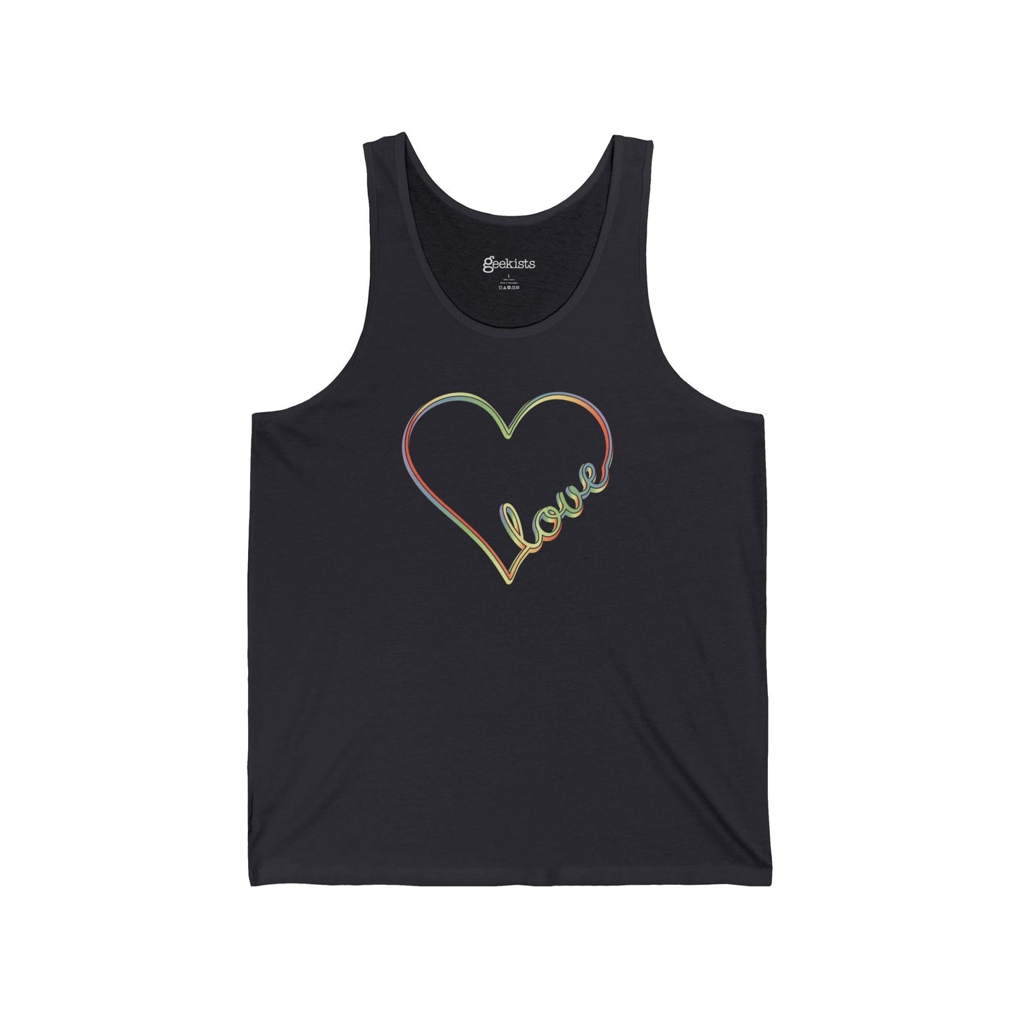 Unisex pastel heart tank top with rainbow love script, sleeveless aesthetic pride tee | variant