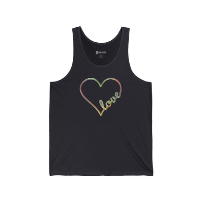 Unisex pastel heart tank top with rainbow love script, sleeveless aesthetic pride tee | variant