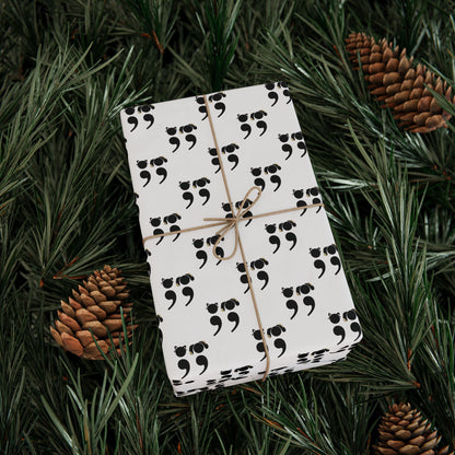 Funny dog and cat pattern gift wrap for grammar lovers, featuring a black and white semicolon pet design | lifestyle1