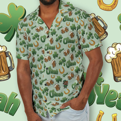 Find the Nerdy Leprechaun Hawaiian Shirt | Interactive St. Patrick’s Day Button-Up | Shamrocks & Frothy Beer Print