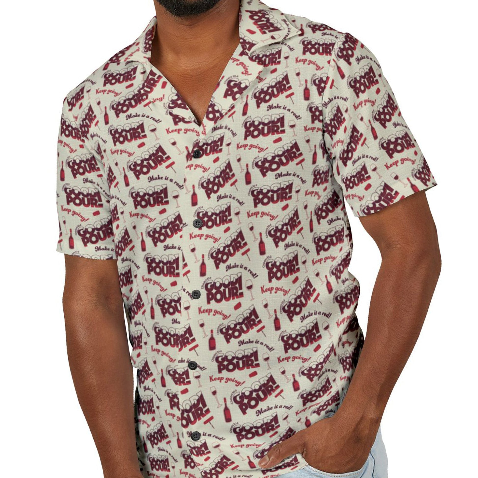 All Over Prints Cheers to a Good Pour | Wine-Themed Hawaiian Camp Shirt | Men’s Relaxed Fit Button-Down for National Red Wine Day