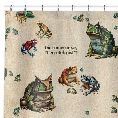 Frog Shower Curtain | “Did Someone Say Herpetologist?” | Nerdy Bathroom Decor