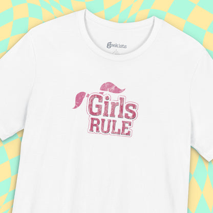 T-Shirt Girls Rule — Short Sleeve Jersey Tee — Unisex Lightweight Crewneck T-Shirt, Retro Distressed, for Couples (Funny Girls Rule, Boys Drool)