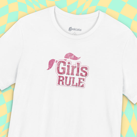 T-Shirt Girls Rule — Short Sleeve Jersey Tee — Unisex Lightweight Crewneck T-Shirt, Retro Distressed, for Couples (Funny Girls Rule, Boys Drool)