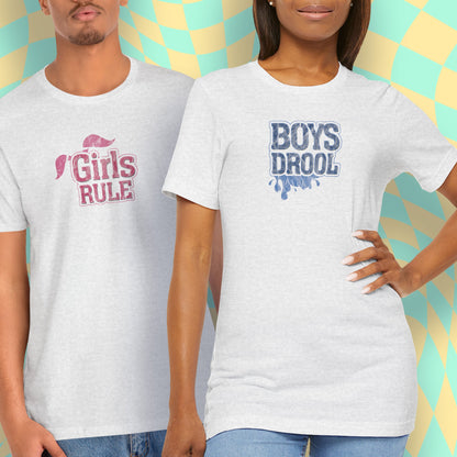 T-Shirt Boys Drool — Short Sleeve Jersey Tee — Unisex Lightweight Crewneck T-Shirt, Retro Distressed, for Couples (Funny Girls Rule, Boys Drool)