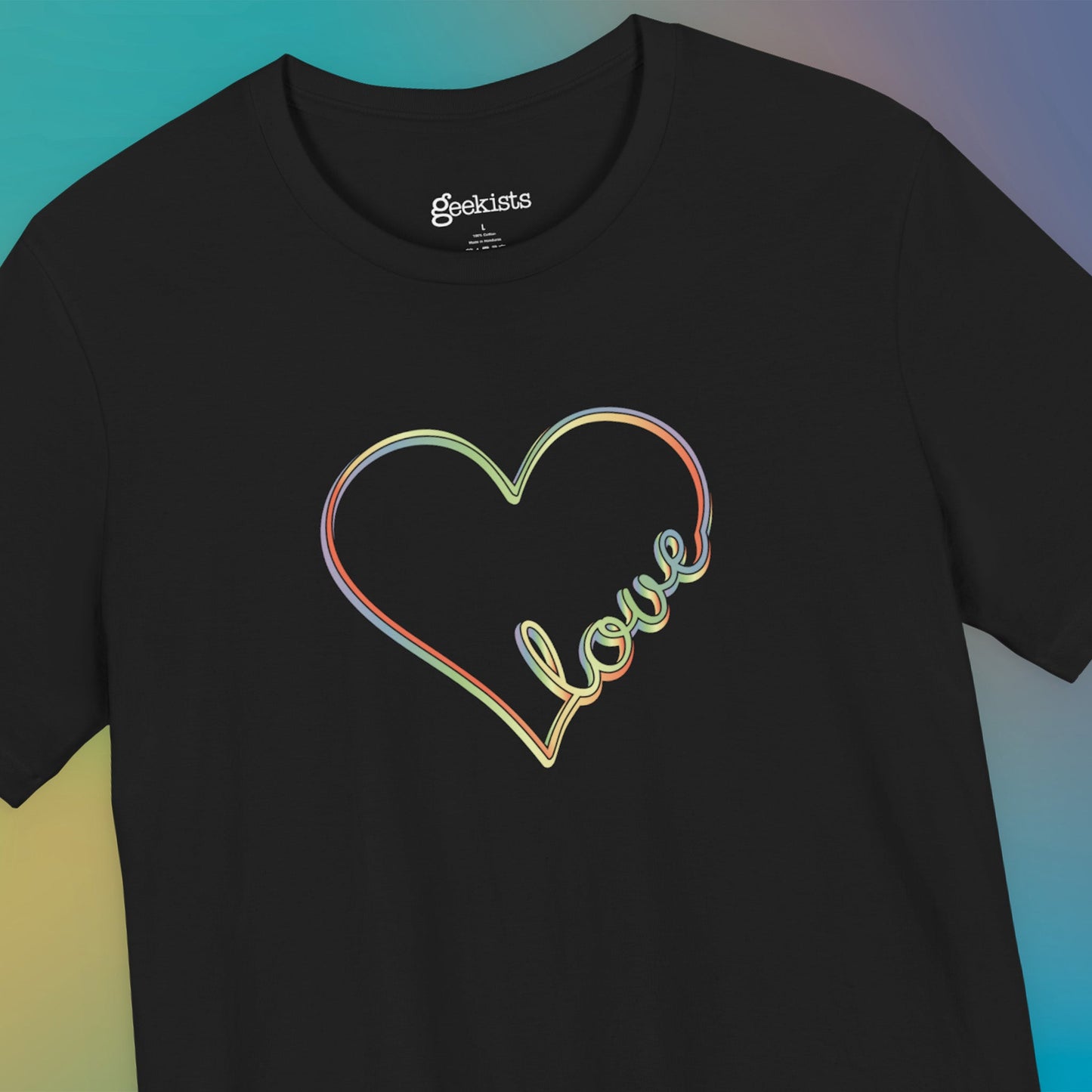 Unisex pastel heart t-shirt with rainbow love script in soft jersey fit, minimalist pride design | hero shot