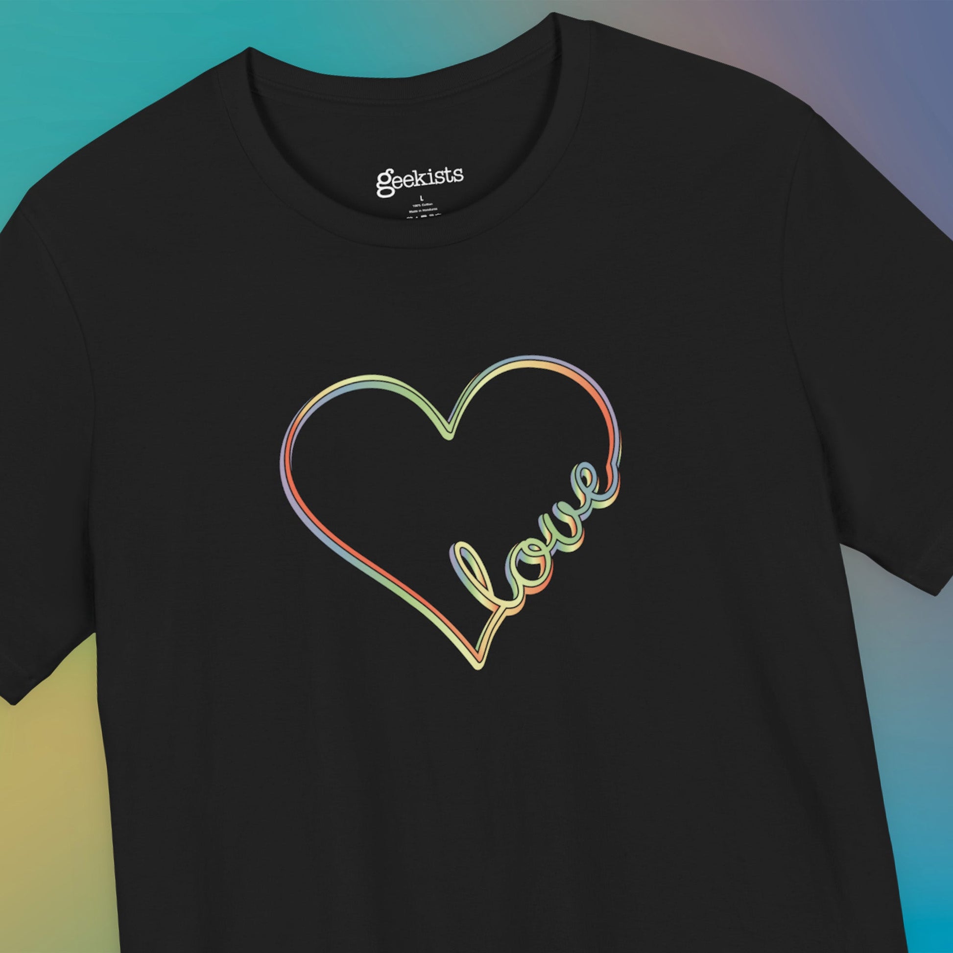 Unisex pastel heart t-shirt with rainbow love script in soft jersey fit, minimalist pride design | hero shot