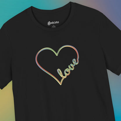 Unisex pastel heart t-shirt with rainbow love script in soft jersey fit, minimalist pride design | hero shot