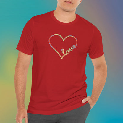Unisex pastel heart t-shirt with rainbow love script in soft jersey fit, minimalist pride design | model