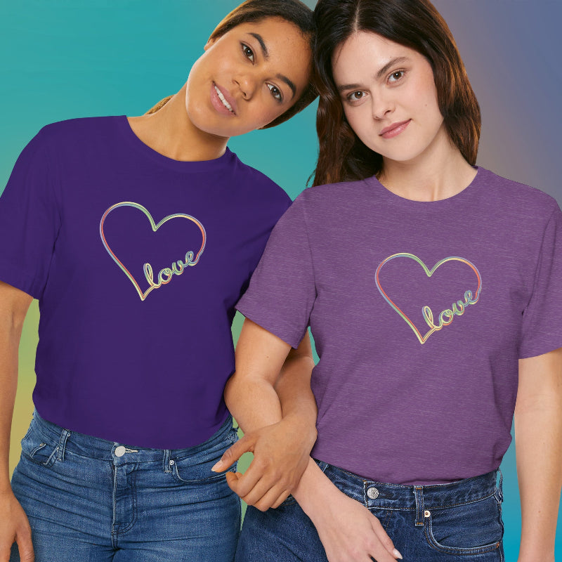 Unisex pastel heart t-shirt with rainbow love script in soft jersey fit, minimalist pride design | duo