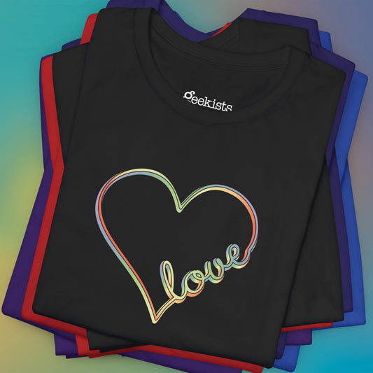 Unisex pastel heart t-shirt with rainbow love script in soft jersey fit, minimalist pride design | closeup