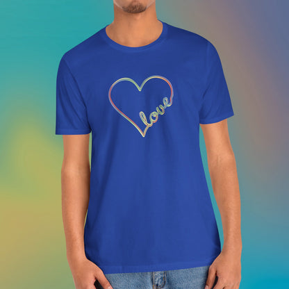 Unisex pastel heart t-shirt with rainbow love script in soft jersey fit, minimalist pride design | model