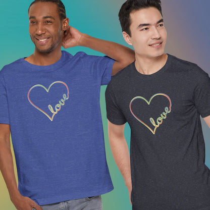 Unisex pastel heart t-shirt with rainbow love script in soft jersey fit, minimalist pride design | duo