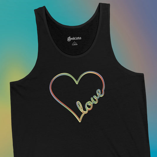 Unisex pastel heart tank top with rainbow love script, sleeveless aesthetic pride tee | hero shot