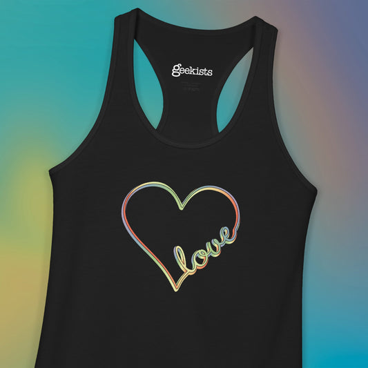 Women’s pastel heart racerback tank with rainbow love script, slim fit aesthetic Valentine’s activewear | hero shot