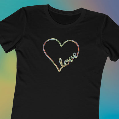 Women’s pastel heart shirt with rainbow love script in slim fit, cute aesthetic valentine’s tee | hero shot