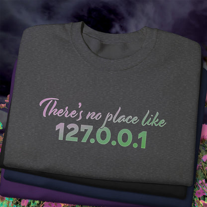 Unisex crewneck sweatshirt with 127.0.0.1 localhost print, cozy geeky pullover for programmers and tech lovers | closeup