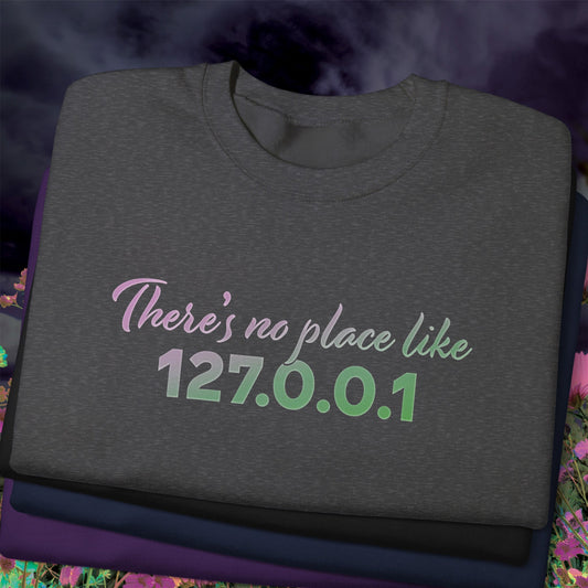 Unisex crewneck sweatshirt with 127.0.0.1 localhost print, cozy geeky pullover for programmers and tech lovers | closeup