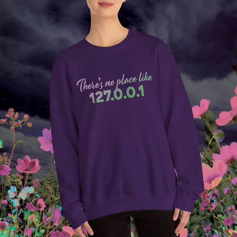 Unisex crewneck sweatshirt with 127.0.0.1 localhost print, cozy geeky pullover for programmers and tech lovers | model