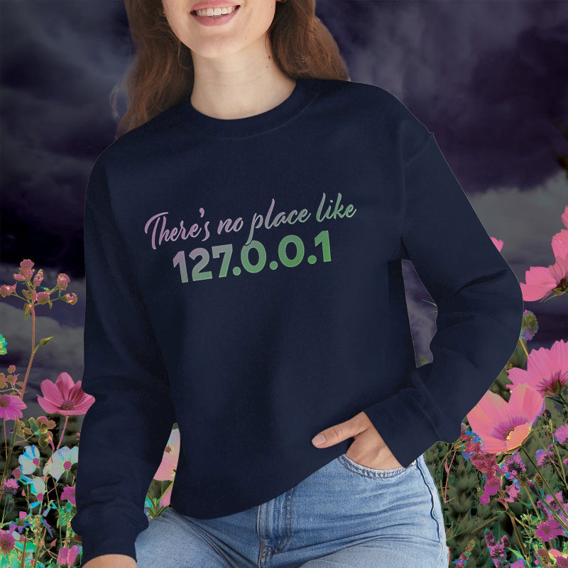 Unisex crewneck sweatshirt with 127.0.0.1 localhost print, cozy geeky pullover for programmers and tech lovers | model