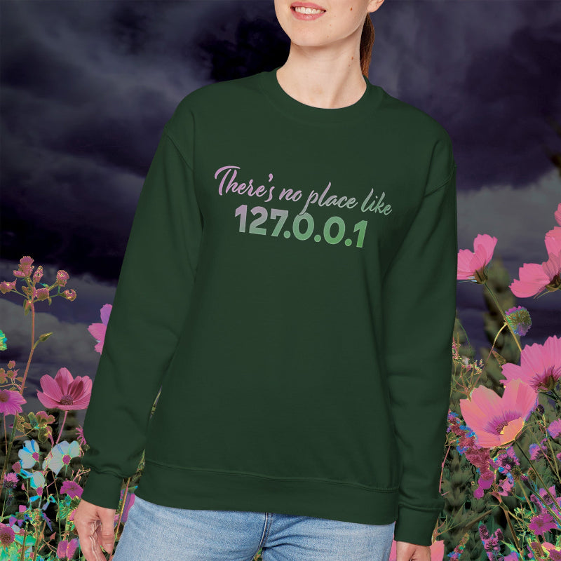 Unisex crewneck sweatshirt with 127.0.0.1 localhost print, cozy geeky pullover for programmers and tech lovers | model
