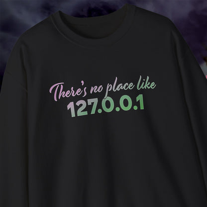 Unisex crewneck sweatshirt with 127.0.0.1 localhost print, cozy geeky pullover for programmers and tech lovers | hero