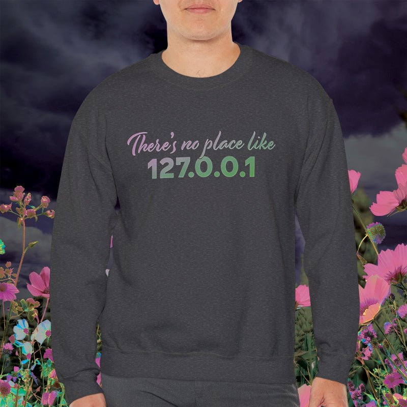 Unisex crewneck sweatshirt with 127.0.0.1 localhost print, cozy geeky pullover for programmers and tech lovers | model