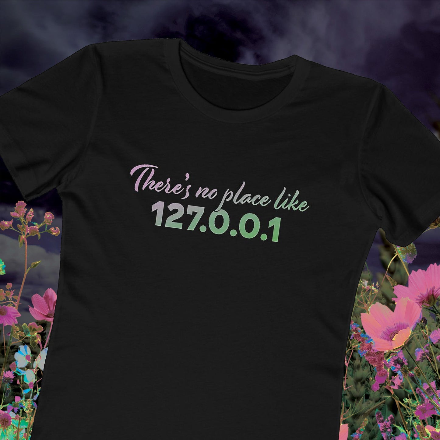 Women’s slim fit t-shirt with “127.0.0.1” localhost design, funny tech shirt for female coders and developers | hero