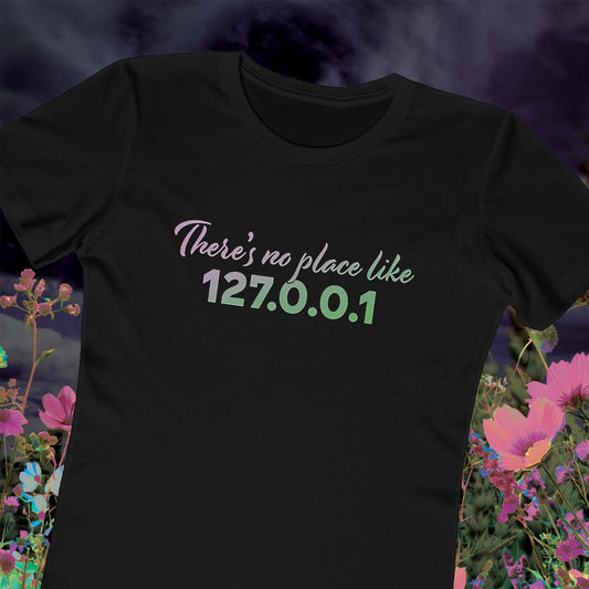 Women’s slim fit t-shirt with “127.0.0.1” localhost design, funny tech shirt for female coders and developers | hero