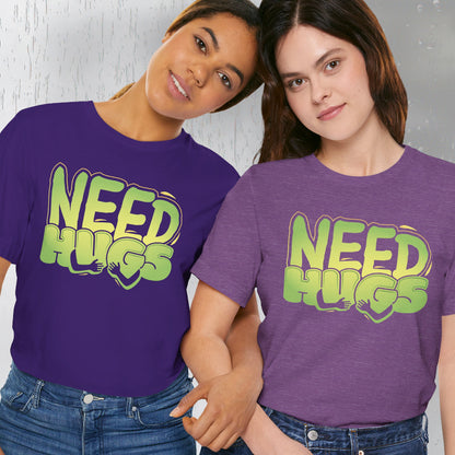 Need Hugs t-shirt graphic – cozy emotional support design for comfort wear and mental health days | model