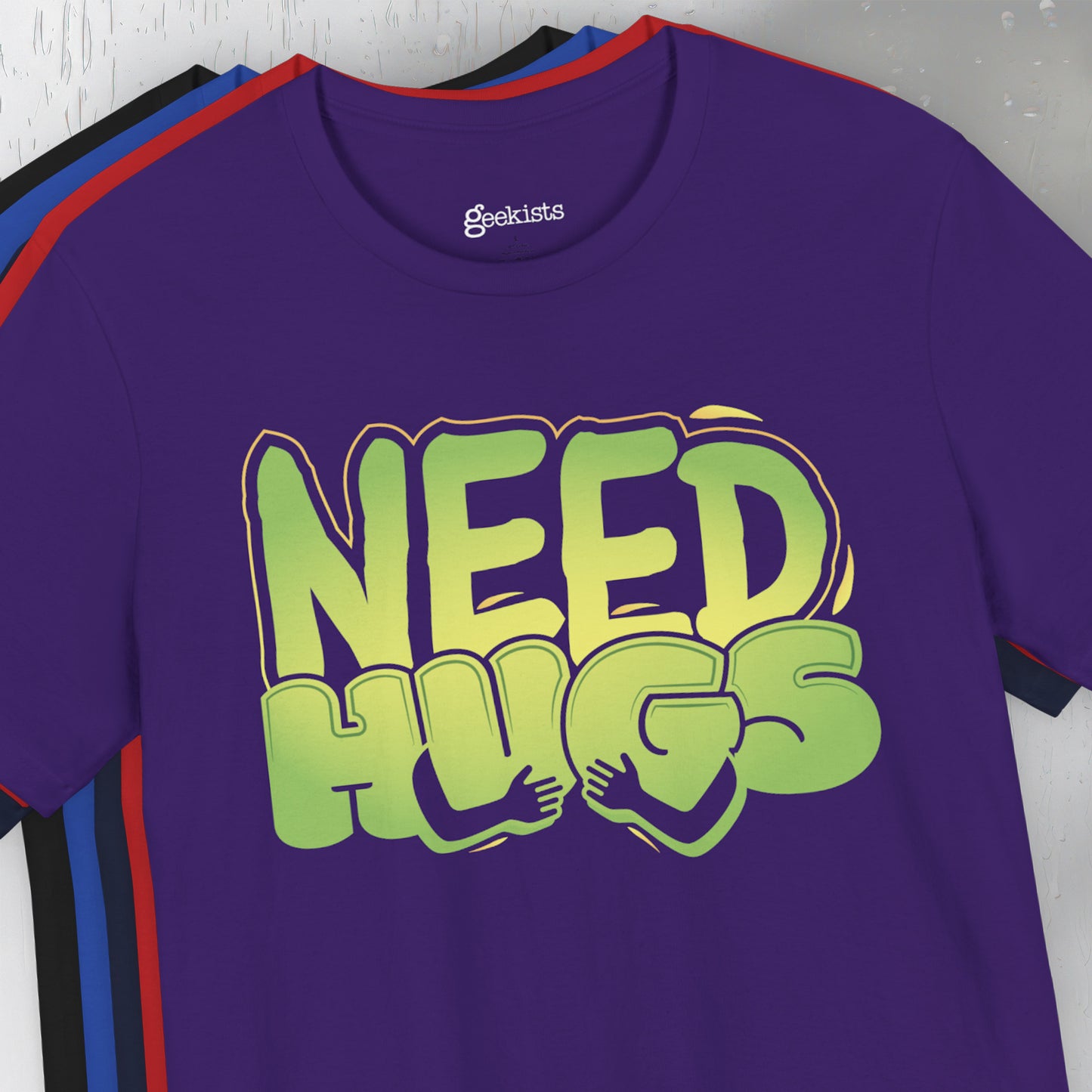 Need Hugs t-shirt graphic – cozy emotional support design for comfort wear and mental health days | hero shot