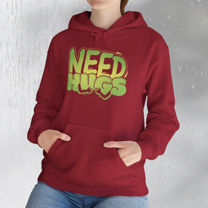 Need Hugs hoodie design – warm, comforting graphic for self-care and supportive gifting | model