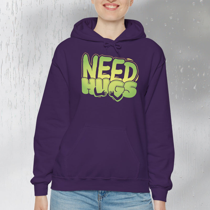 Need Hugs hoodie design – warm, comforting graphic for self-care and supportive gifting | model