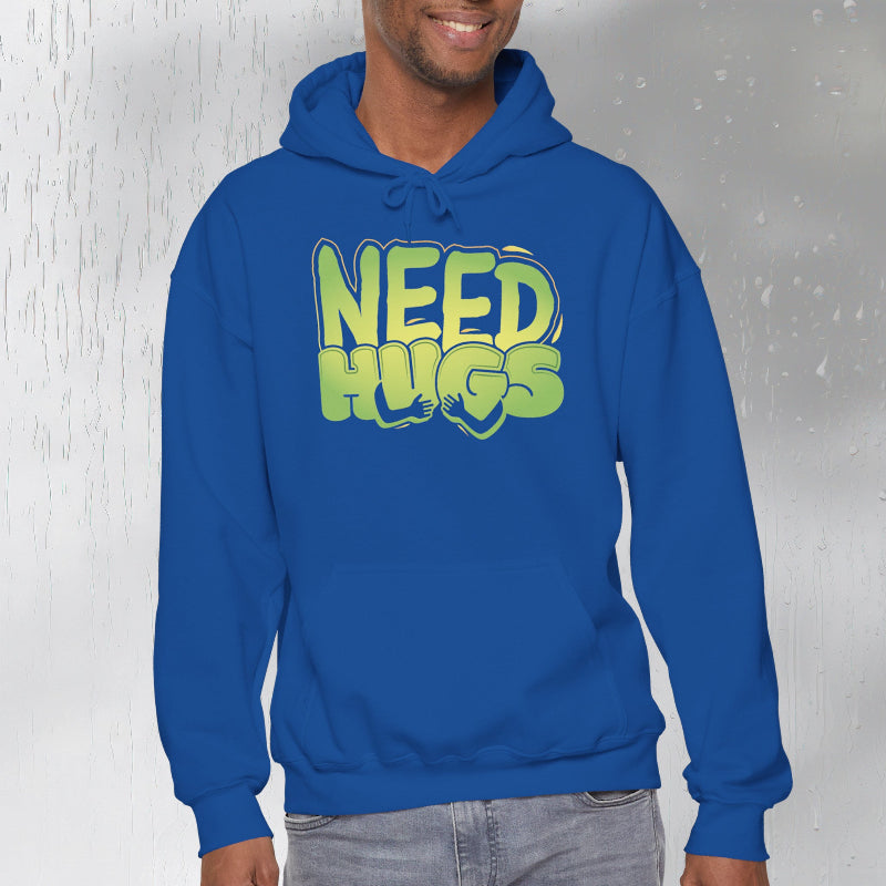 Need Hugs hoodie design – warm, comforting graphic for self-care and supportive gifting | model