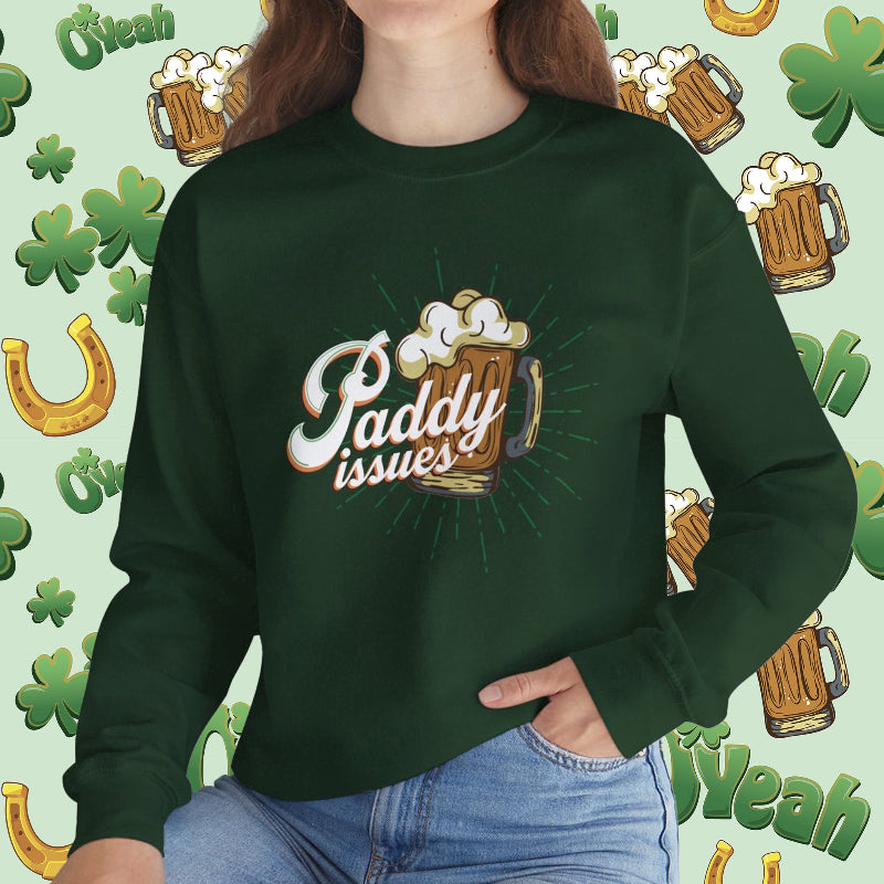 Cozy Paddy Issues Sweatshirt Featuring Shamrock Design and Irish Pub Humor for St. Patrick’s Day | model