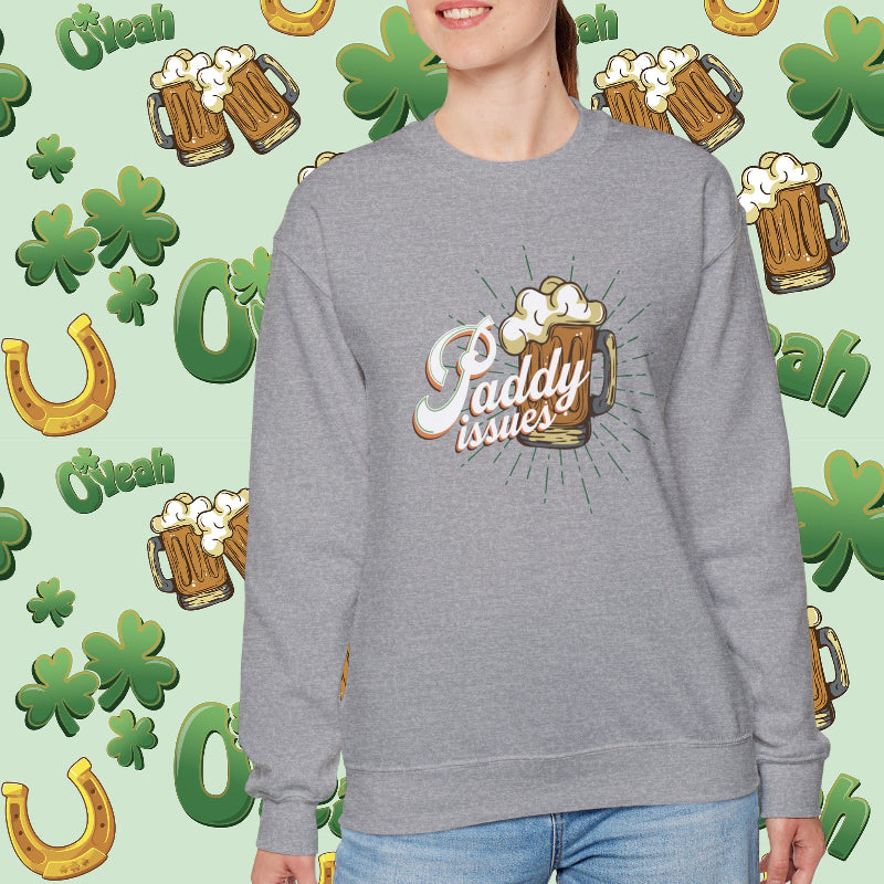 Cozy Paddy Issues Sweatshirt Featuring Shamrock Design and Irish Pub Humor for St. Patrick’s Day | model