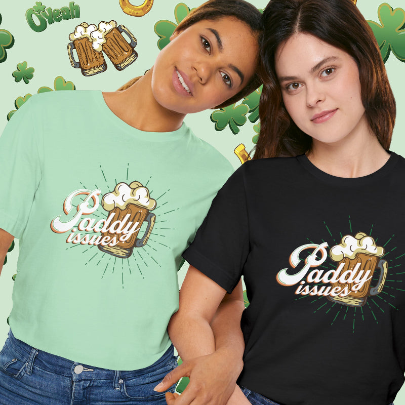 Funny Paddy Issues Irish T-Shirt with Shamrock Graphic and Retro St. Patrick’s Day Humor | model