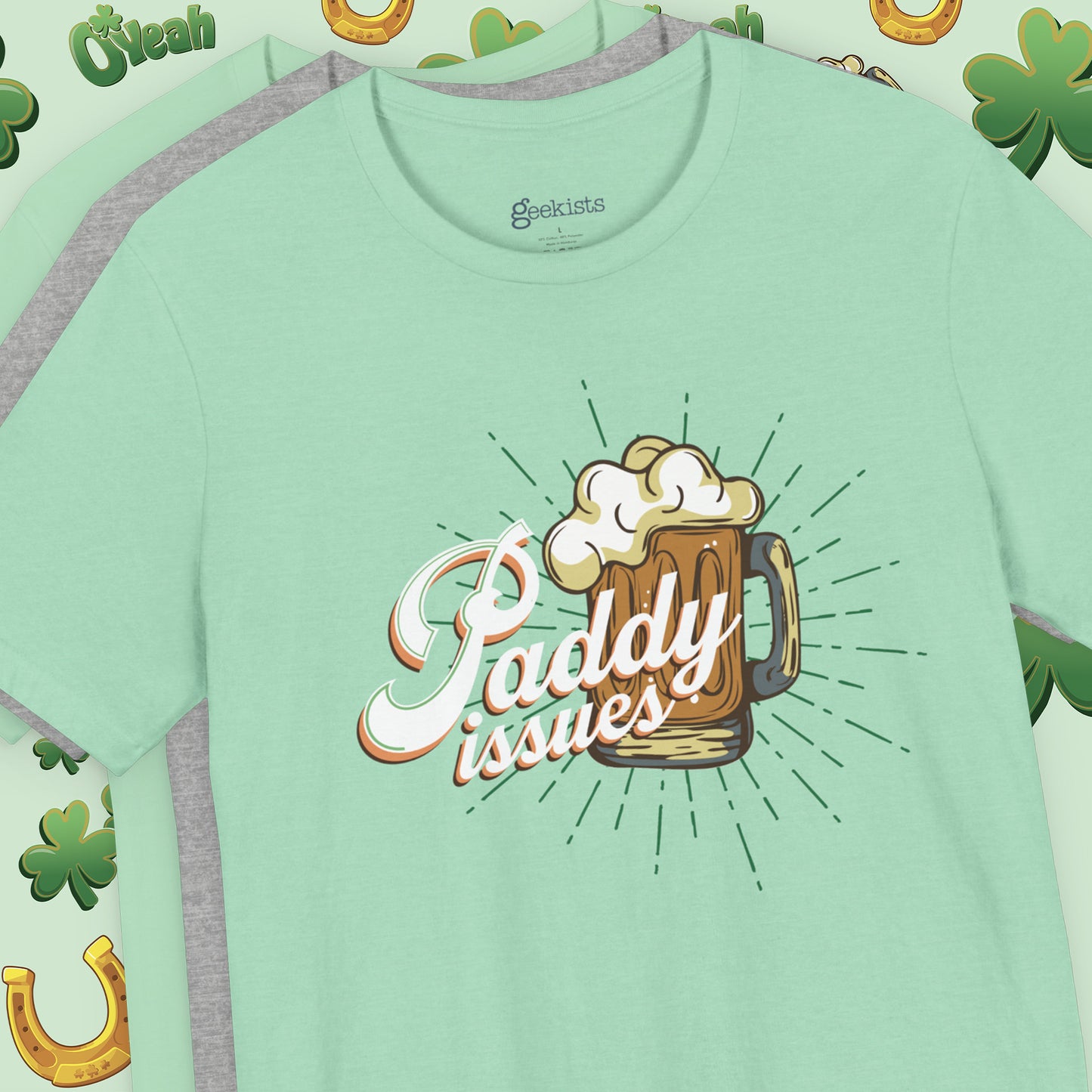 Funny Paddy Issues Irish T-Shirt with Shamrock Graphic and Retro St. Patrick’s Day Humor | hero shot
