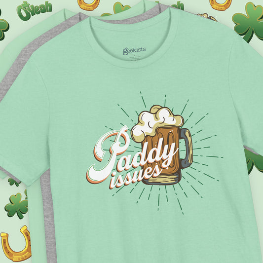 Funny Paddy Issues Irish T-Shirt with Shamrock Graphic and Retro St. Patrick’s Day Humor | hero shot