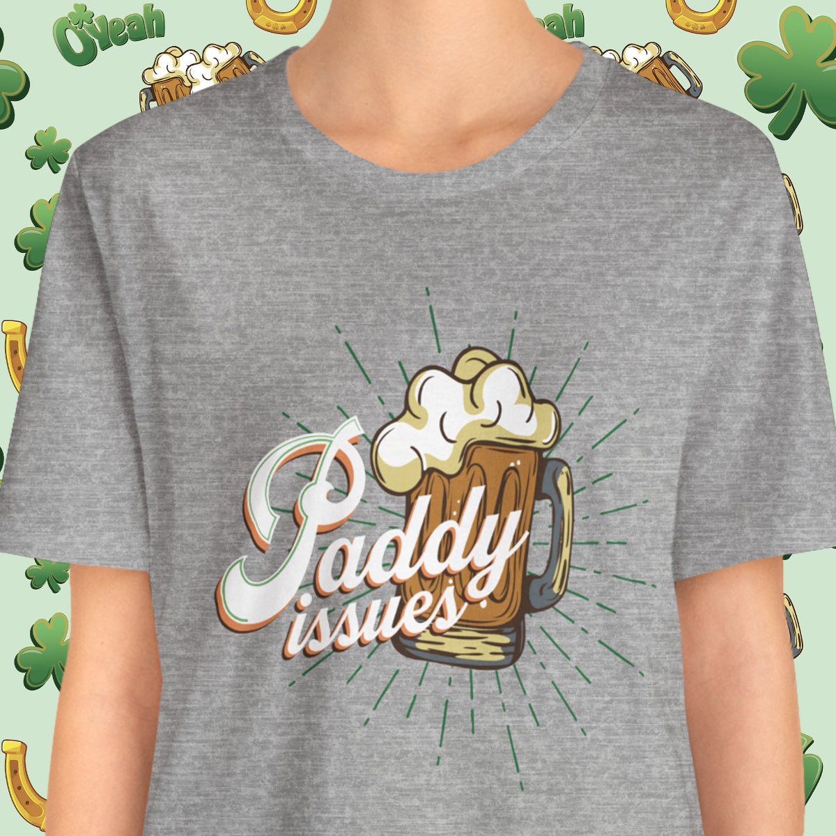 Funny Paddy Issues Irish T-Shirt with Shamrock Graphic and Retro St. Patrick’s Day Humor | closeup