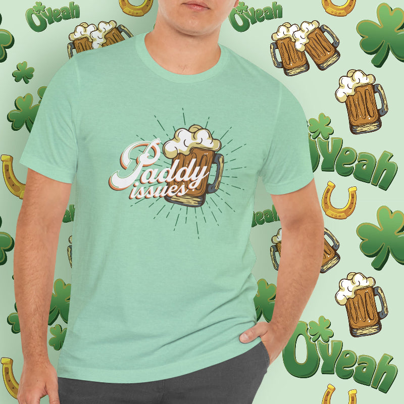 Funny Paddy Issues Irish T-Shirt with Shamrock Graphic and Retro St. Patrick’s Day Humor | model