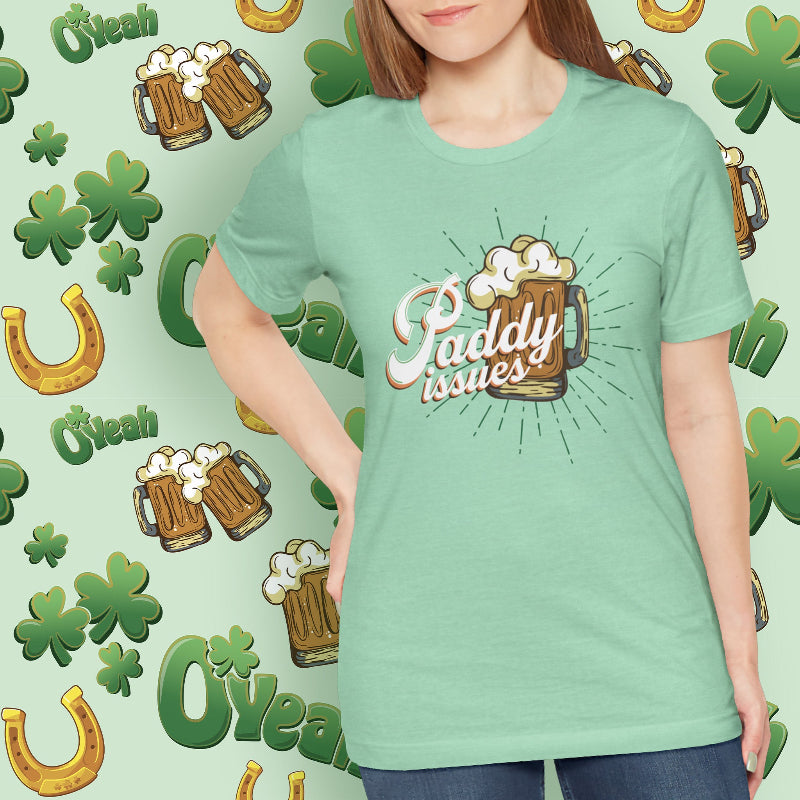 Funny Paddy Issues Irish T-Shirt with Shamrock Graphic and Retro St. Patrick’s Day Humor | model