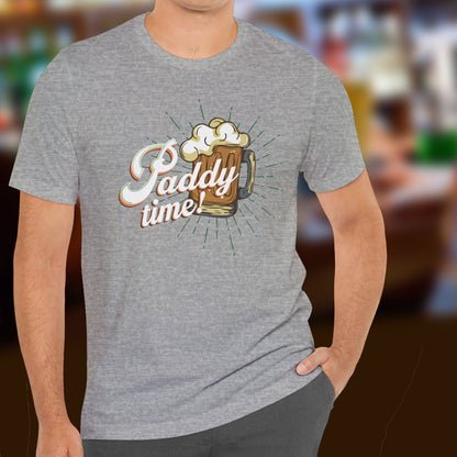 Funny Paddy Time Irish Beer T-Shirt with Retro Mug Graphic for St. Patrick’s Day Parties | model