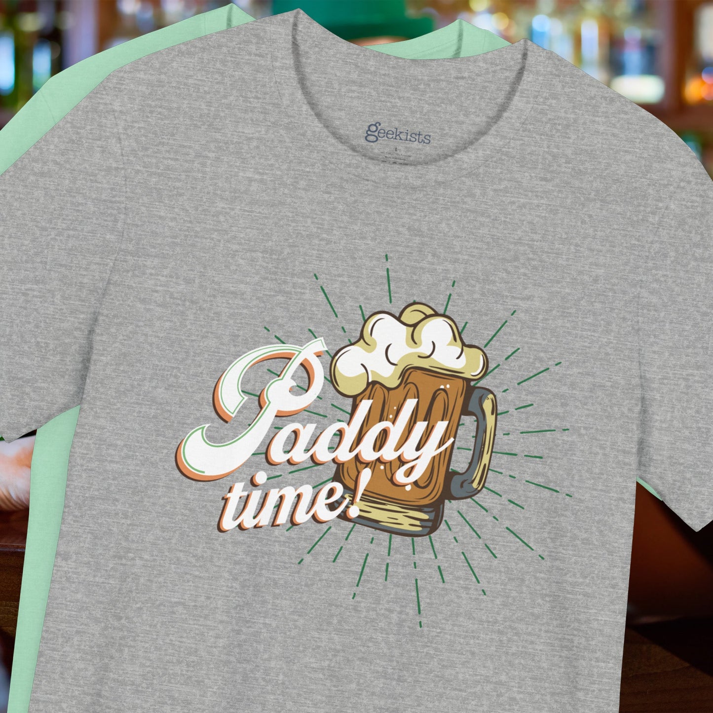 Funny Paddy Time Irish Beer T-Shirt with Retro Mug Graphic for St. Patrick’s Day Parties | hero shot