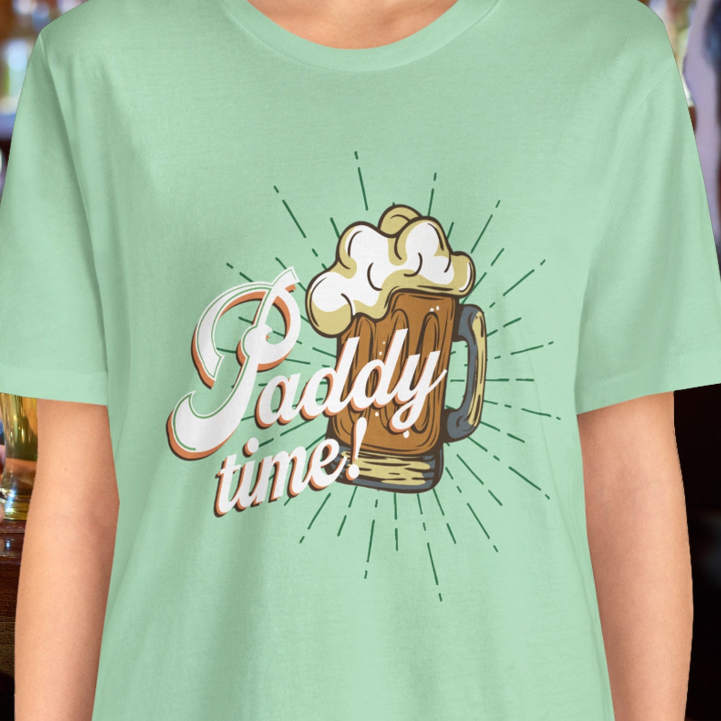 Funny Paddy Time Irish Beer T-Shirt with Retro Mug Graphic for St. Patrick’s Day Parties | closeup