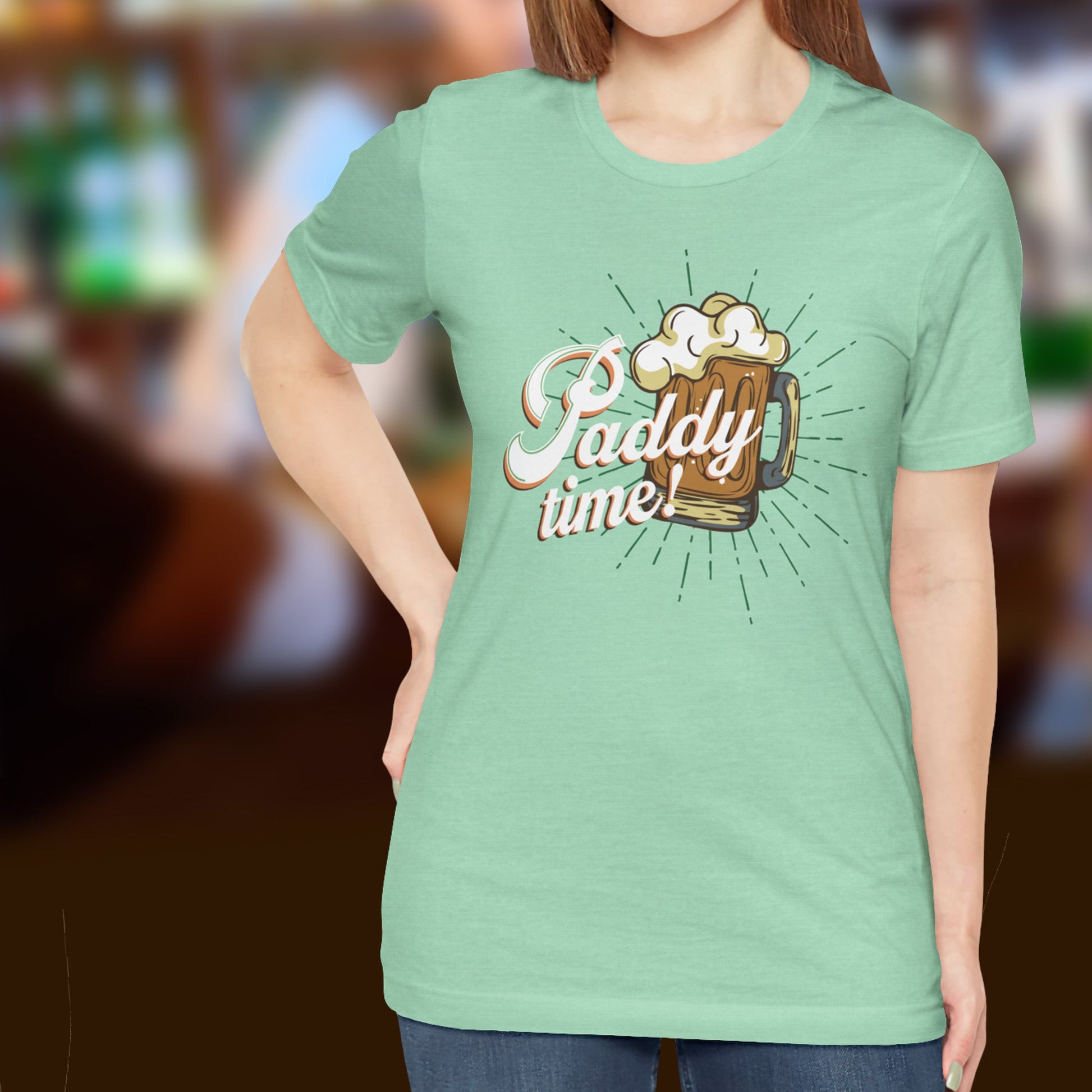 Funny Paddy Time Irish Beer T-Shirt with Retro Mug Graphic for St. Patrick’s Day Parties | model