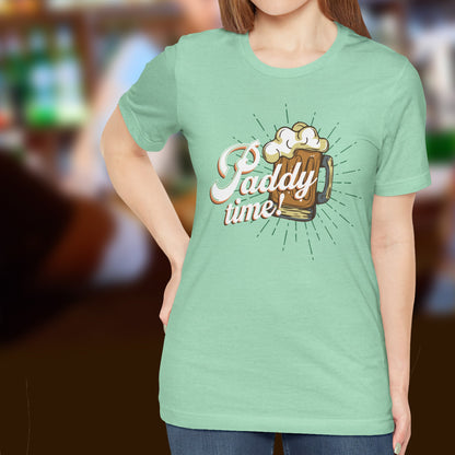 Funny Paddy Time Irish Beer T-Shirt with Retro Mug Graphic for St. Patrick’s Day Parties | model