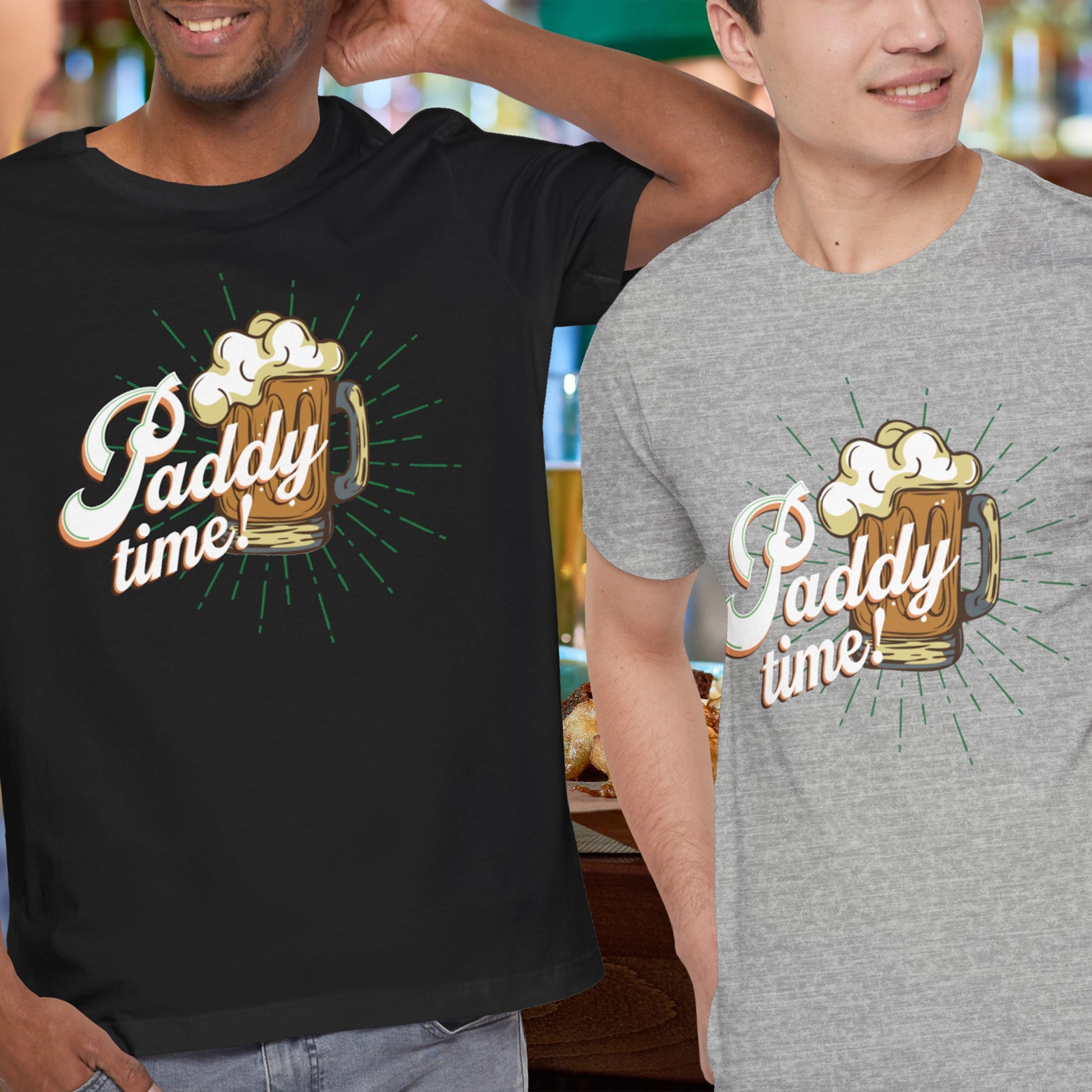 Funny Paddy Time Irish Beer T-Shirt with Retro Mug Graphic for St. Patrick’s Day Parties | model