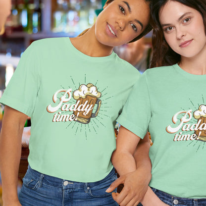 Funny Paddy Time Irish Beer T-Shirt with Retro Mug Graphic for St. Patrick’s Day Parties | model